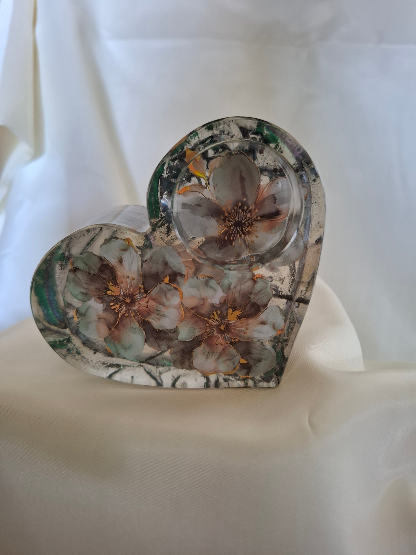 Waxinelichtje hart vorm  bloemen groen en goud