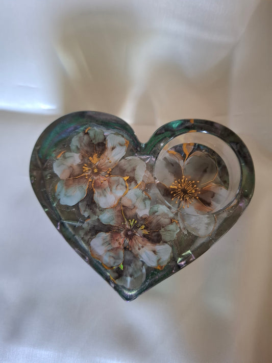 Waxinelichtje hart vorm  bloemen groen en goud